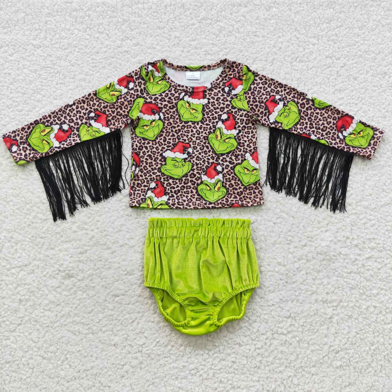 baby girl christmas grinchey green velvet bummie set