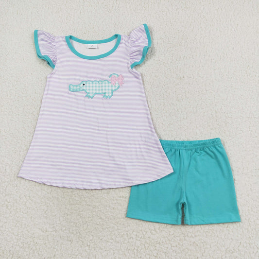 baby girl clothes crocodile embroidery shorts set mint