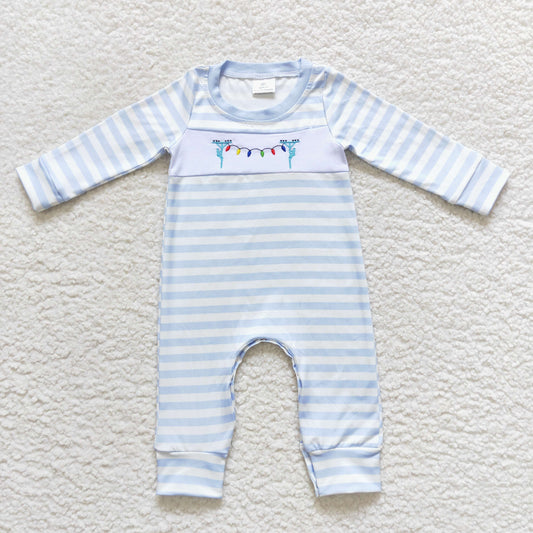 blue stripe christmas light lineman embroidery baby boy romper