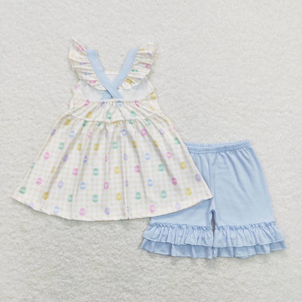 girl easter egg cross blue ruffle shorts set