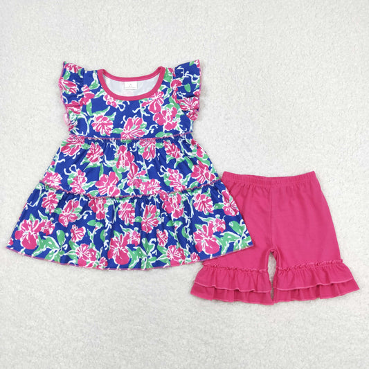 flower outfit, flutter sleeve tunic dress,solid hot pink ruffle shorts, girls clothing