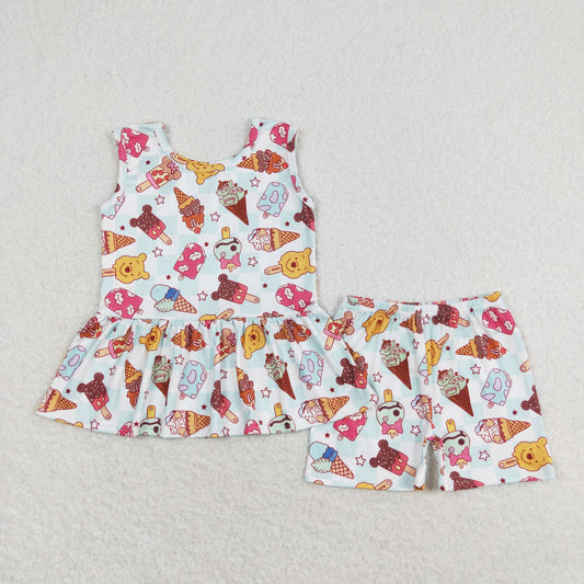 cartoon popsicle and ice-cream tank shorts set girl clothing