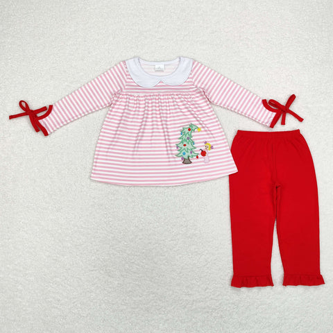 pink red Christmas tree embroidered outfit girls clothes