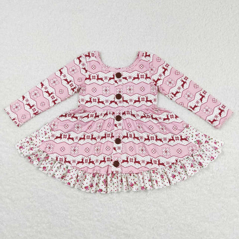 Long sleeve christmas deer button ruffle dress