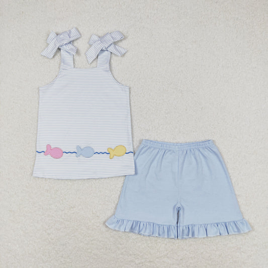 fish embroidery girl blue shorts set
