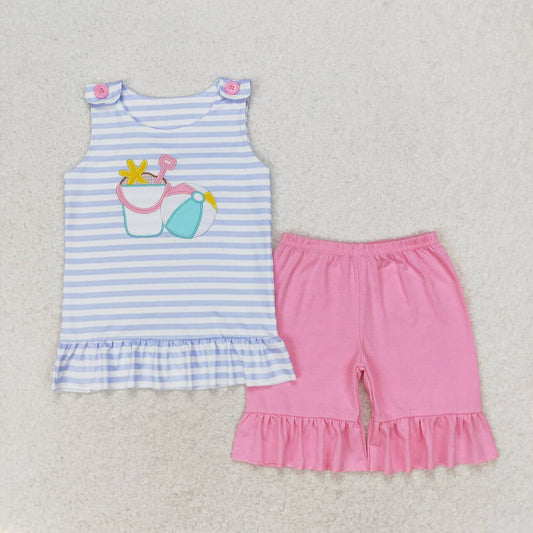 embroidery beach fun girl shorts set