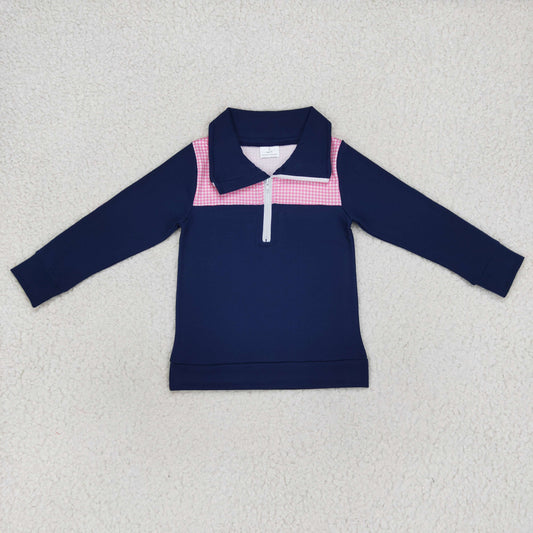 navy blue pink gingham zip pullover