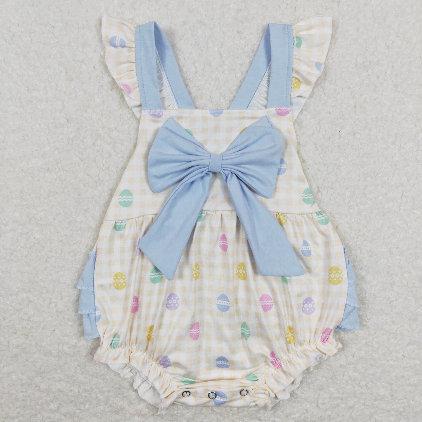 baby flutter easter egg ruffle cross romper