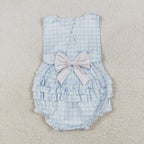embroidery pink bow blue gingham ruffle romper