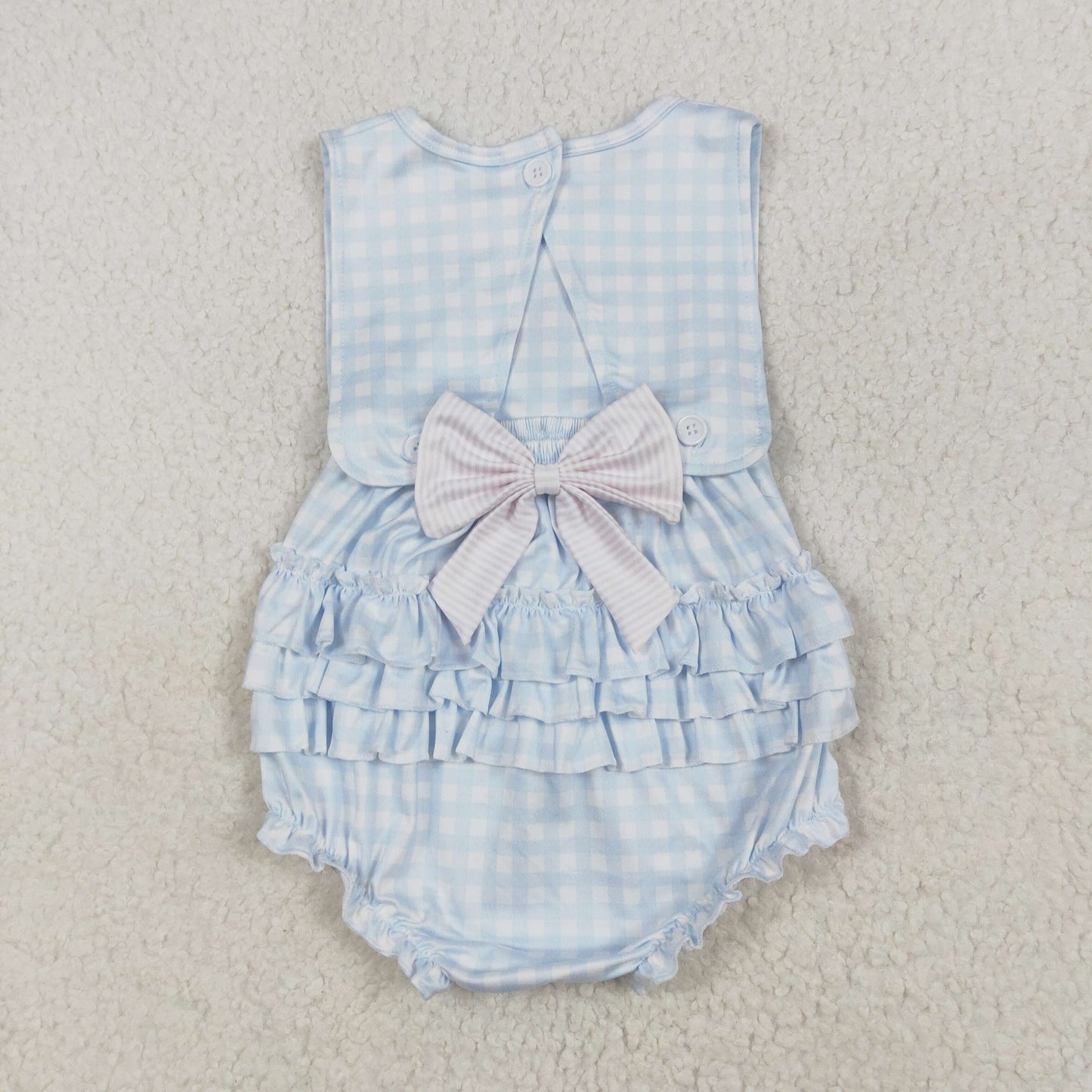 embroidery pink bow blue gingham ruffle romper