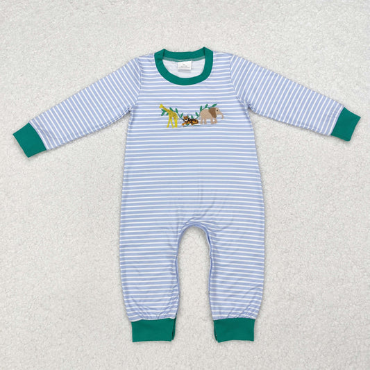 baby boy blue stripe zoo animal embroidery romper