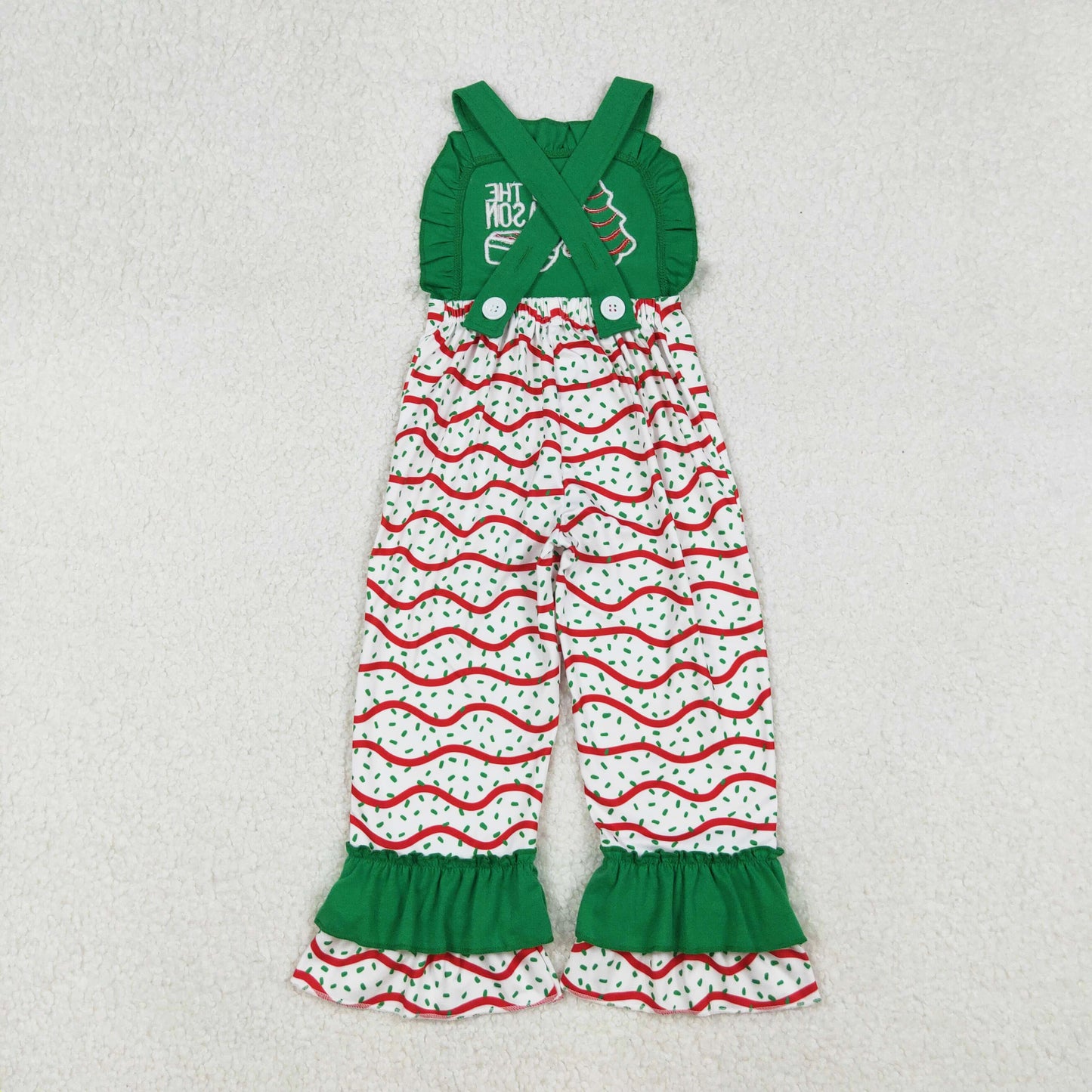 'tis the season christmas tree cake embroidery strap jumpsuit