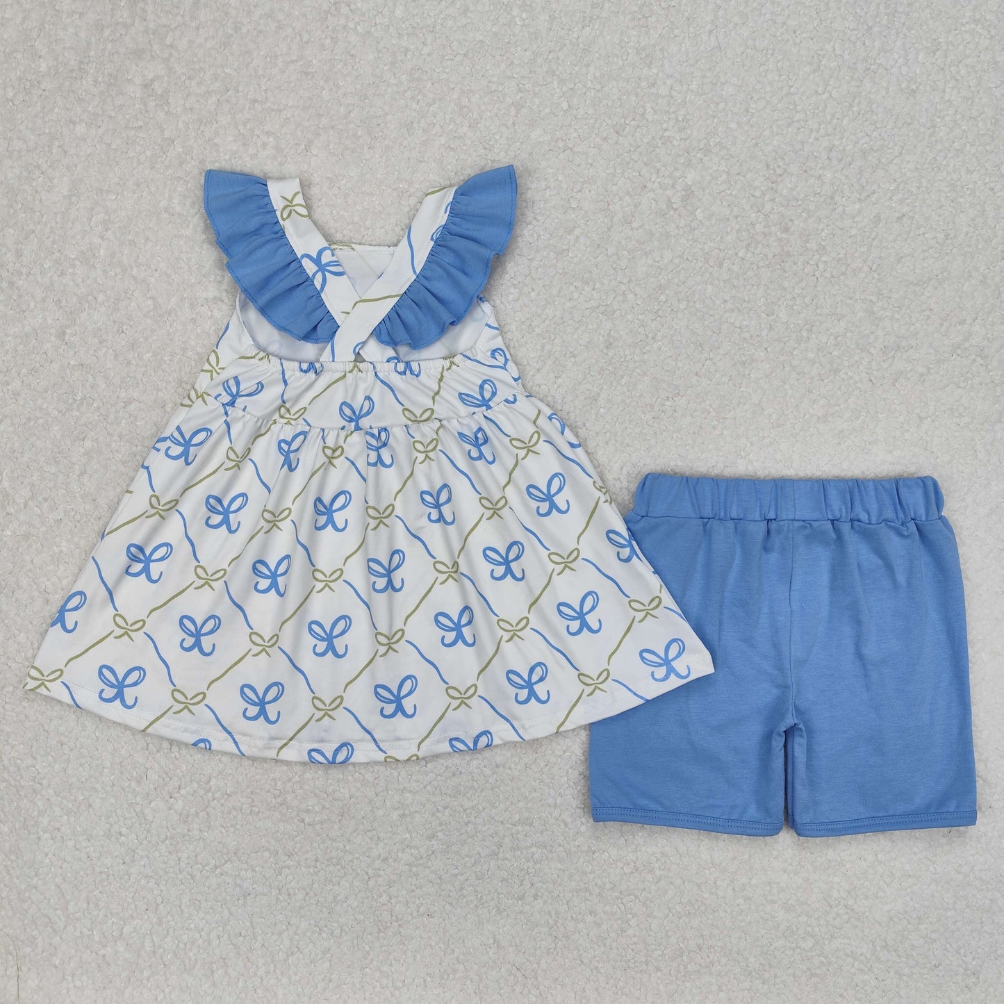 cross back blue bow shorts set toddler girl clothing