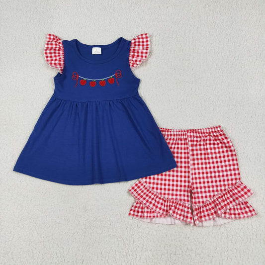 blue red apple embroidery back to school girl outfit