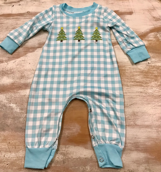 blue plaid christmas tree embroidered romper