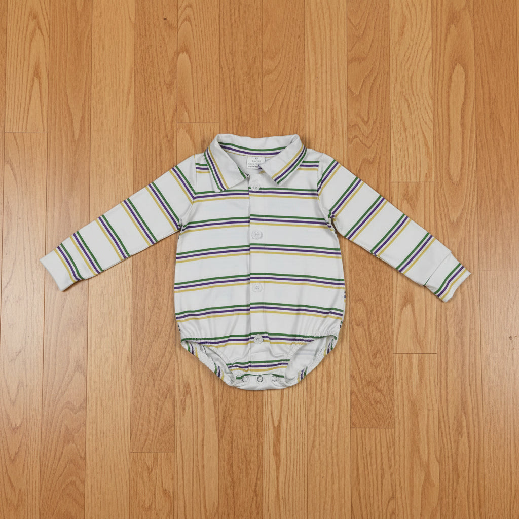 long sleeve purple green gold stripes button polo romper