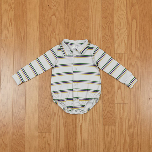 long sleeve purple green gold stripes button polo romper