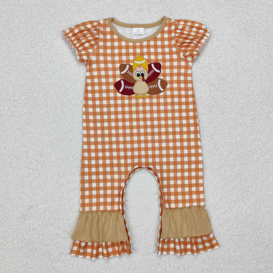 orange plaid turkey embroidery girls romper