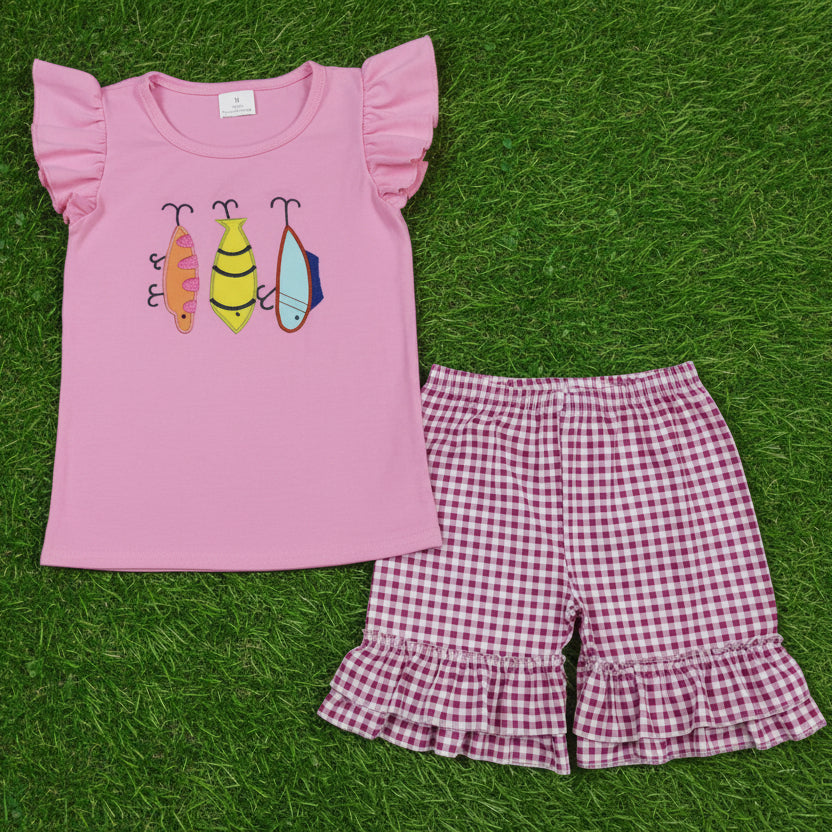 pink fishing hook embroidery girl shorts set