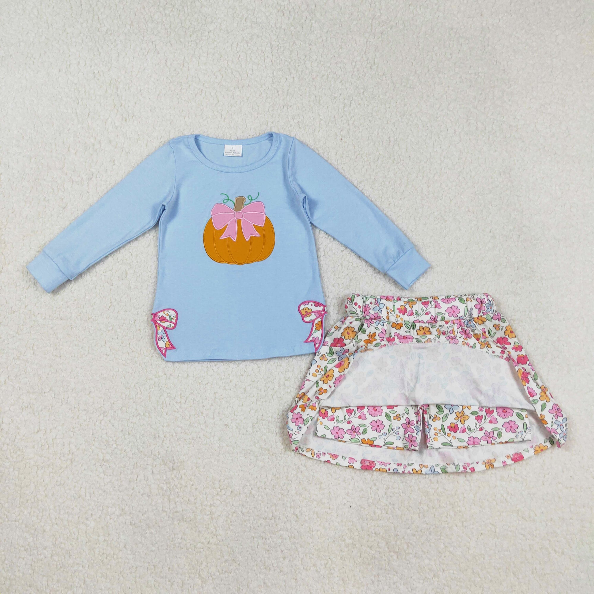 pumpkin embroidery pullover shirt floral skort set outfit