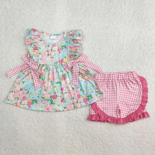 floral bow tunic pink plaid ruffle shorts set
