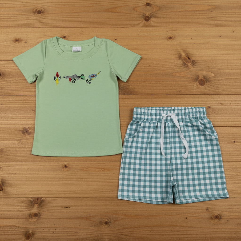 fish hook embroidery shorts set