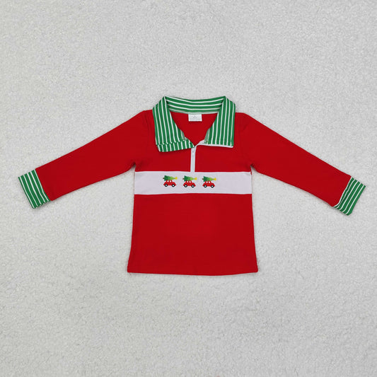 red Christmas tree car embroidered zip pullover