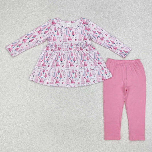 pink christmas tree tunic pocket pants outfit girl clothes set