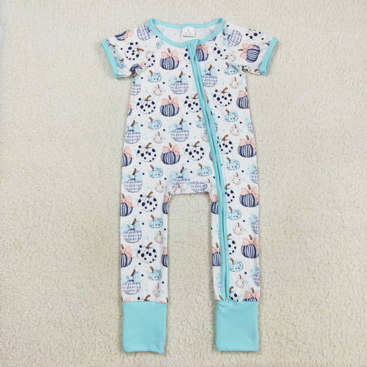 blue short sleeve stripes dots pumpkin girl zip sleeper