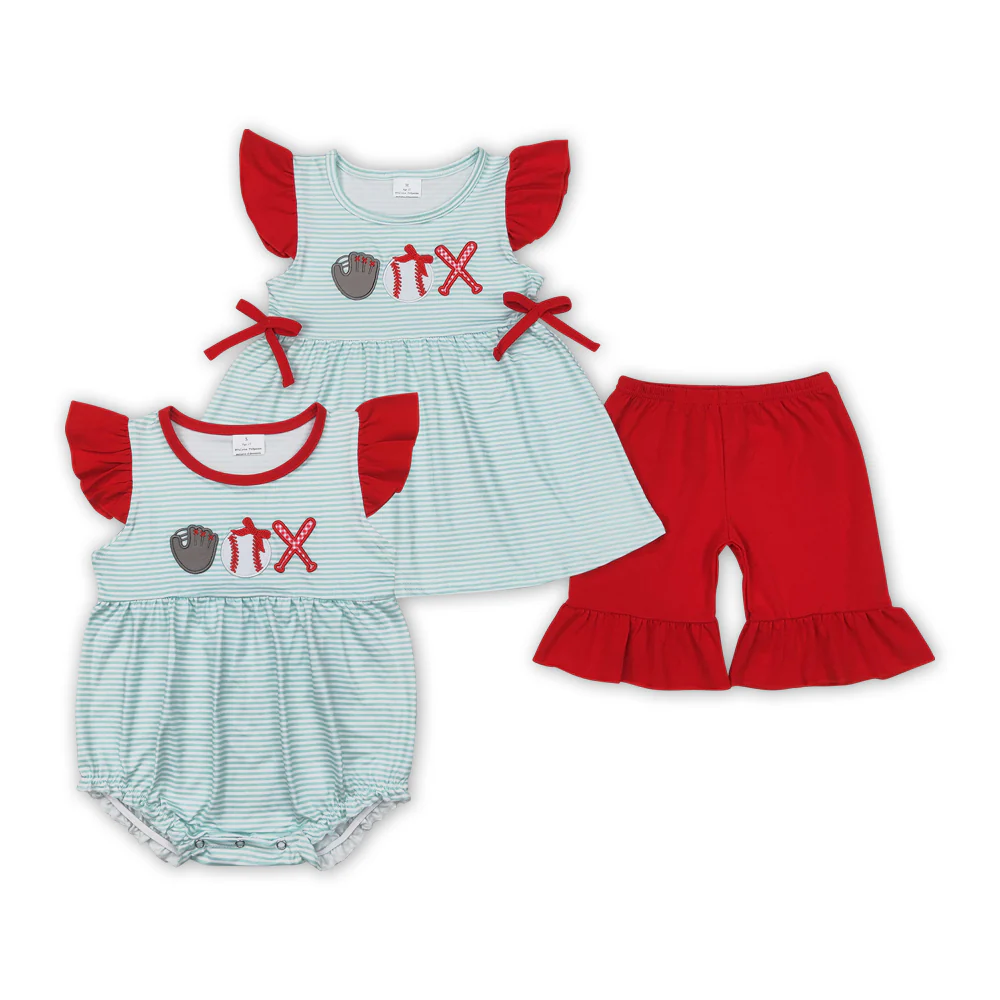 Baseball Embroidery Sibling Sisters Summer Clothes
