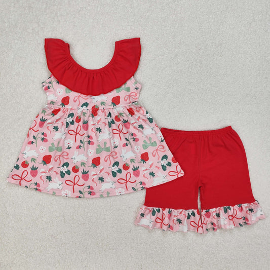 floral strawberry print strap red shorts set