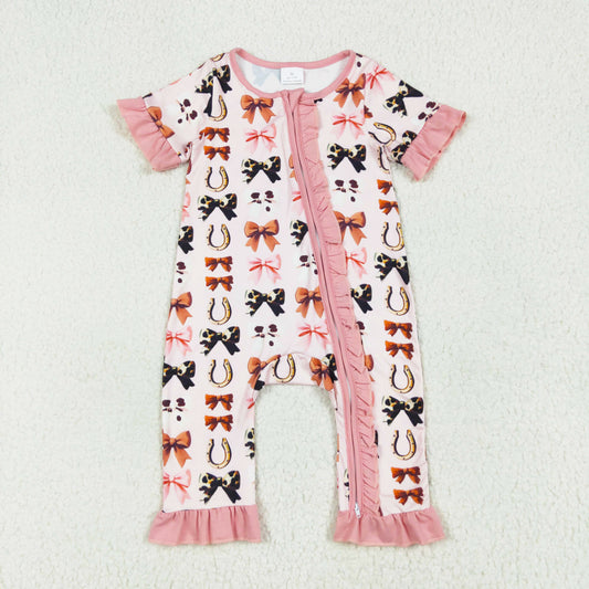 pink cow print bow ruffle zip sleeper