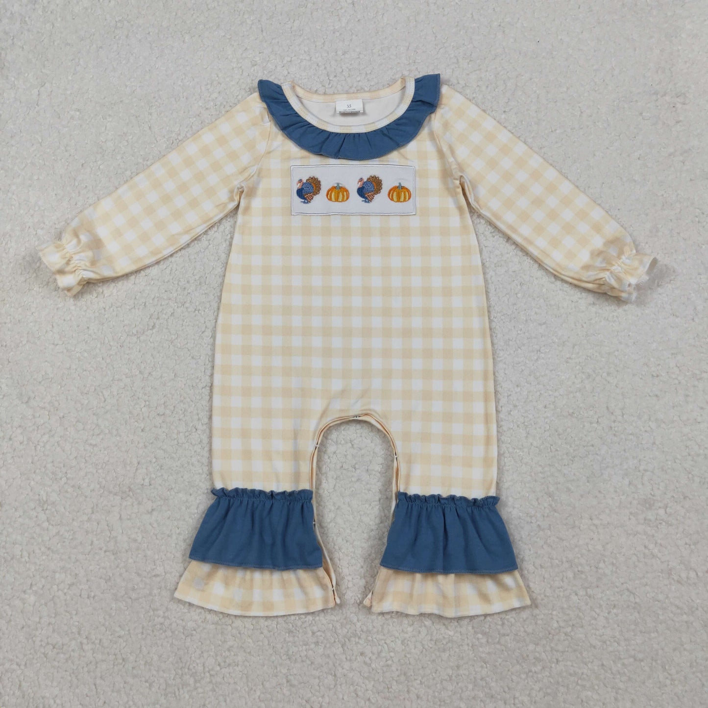Thanksgiving day gingham turkey embroidery baby girl romper