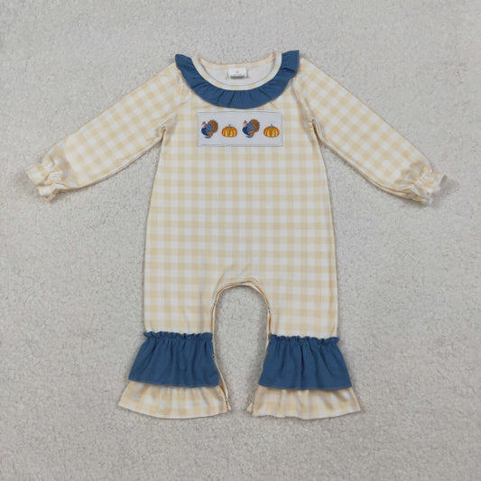 Thanksgiving day gingham turkey embroidery baby girl romper