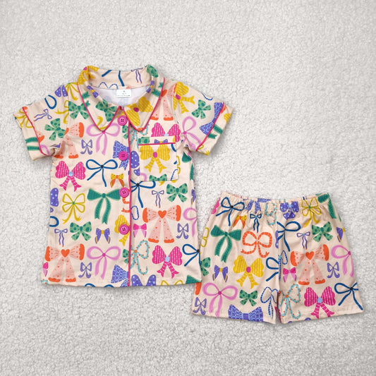 colorful bow coquette button down shorts pajama set