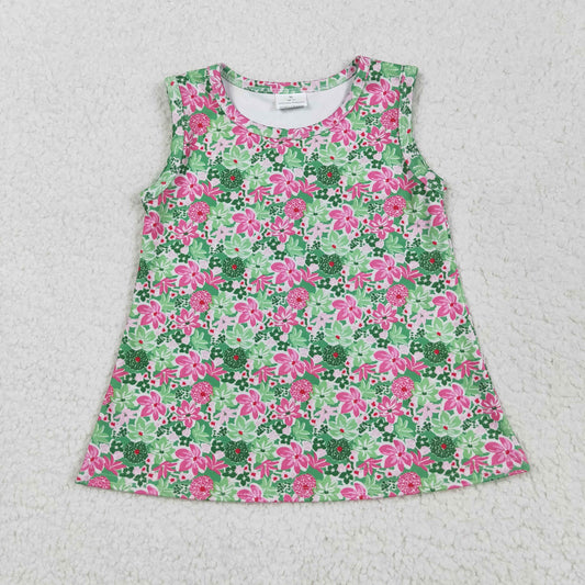 green pink flower girl tank top