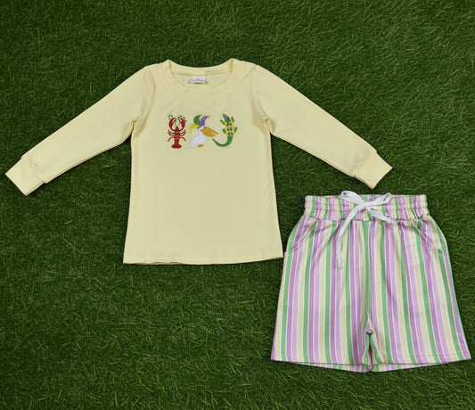 mardi gras stripes embroidery kids shorts set