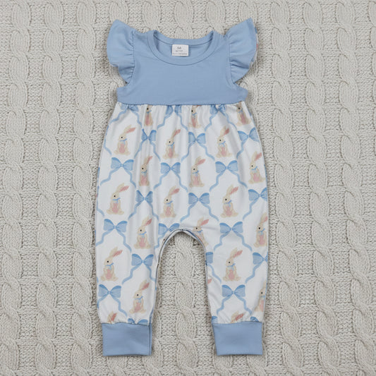 flutter sleeve blue bow and rabbit rompers