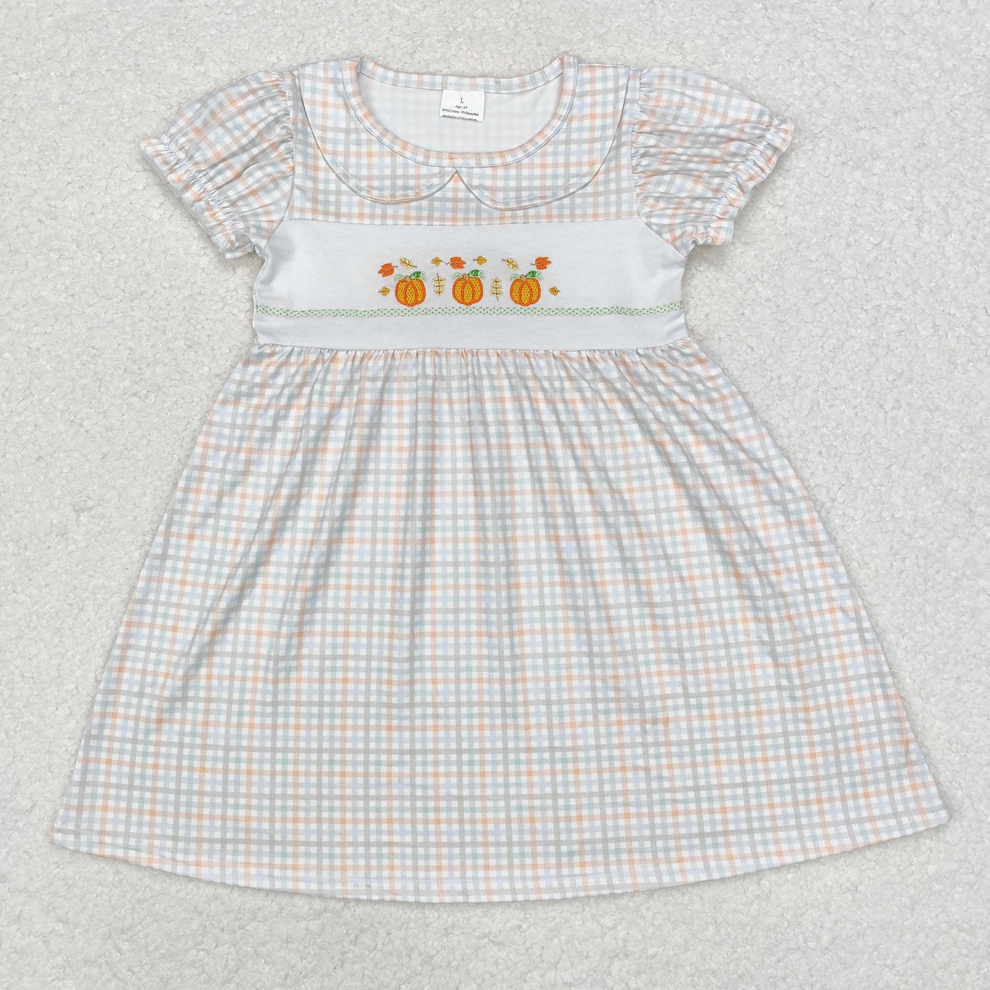 short sleeve gingham pumpkin embroidered dress