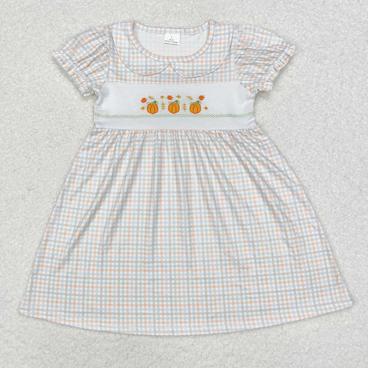 short sleeve gingham pumpkin embroidered dress