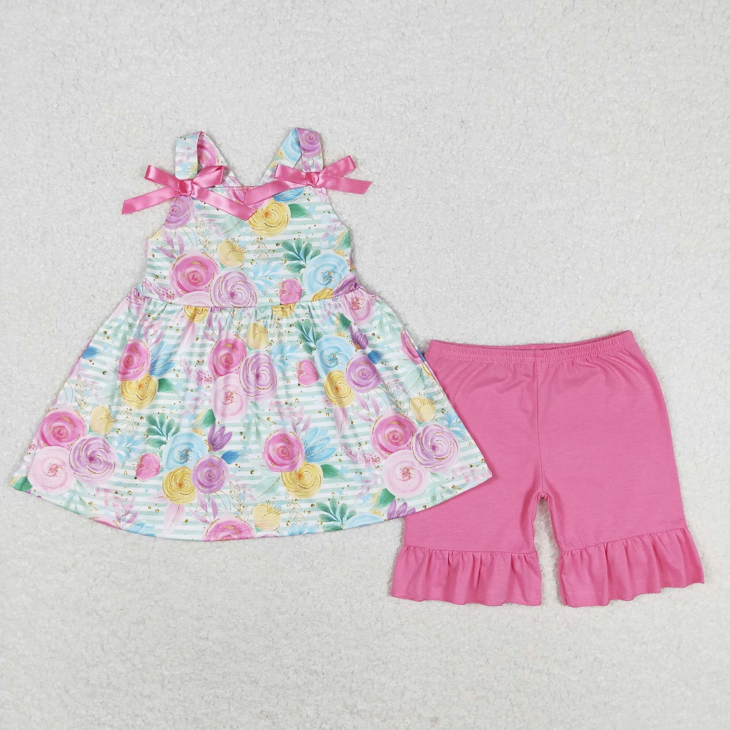 stripes flower strap shorts set pink