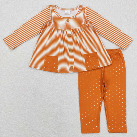 brown stripe button tunic polk dots legging set kids clothing