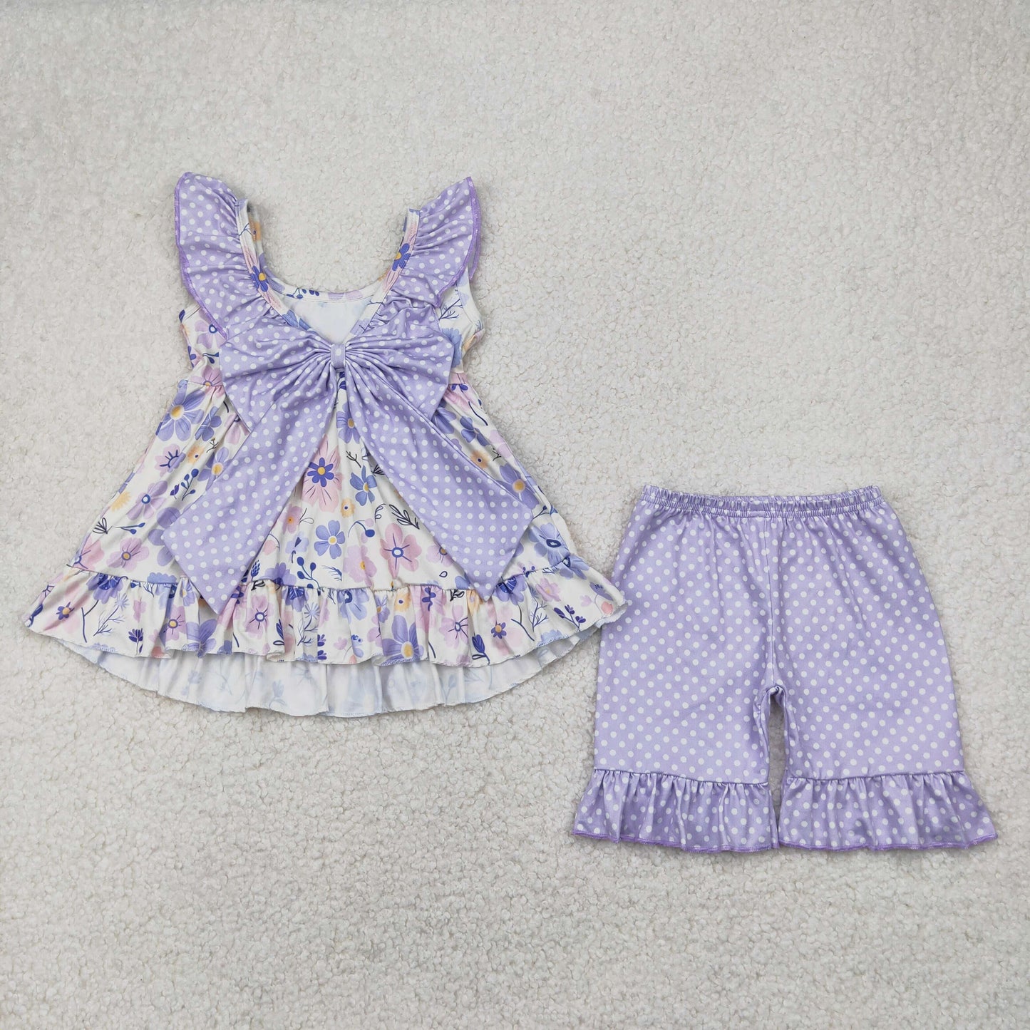 lavender flower print back bow shorts set