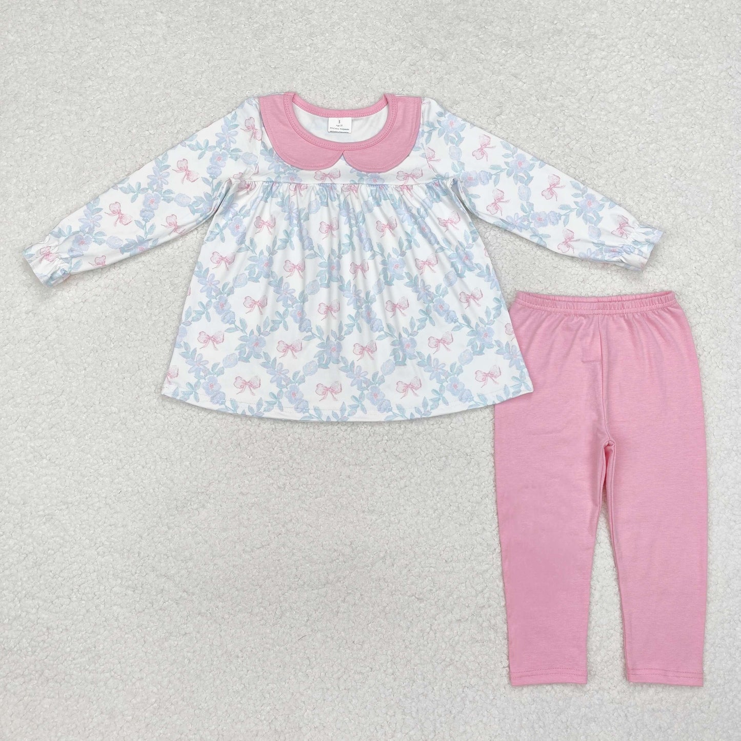 blue hydrangea bouquet with pink bow trellis lattice scallop legging set girl fall clothing