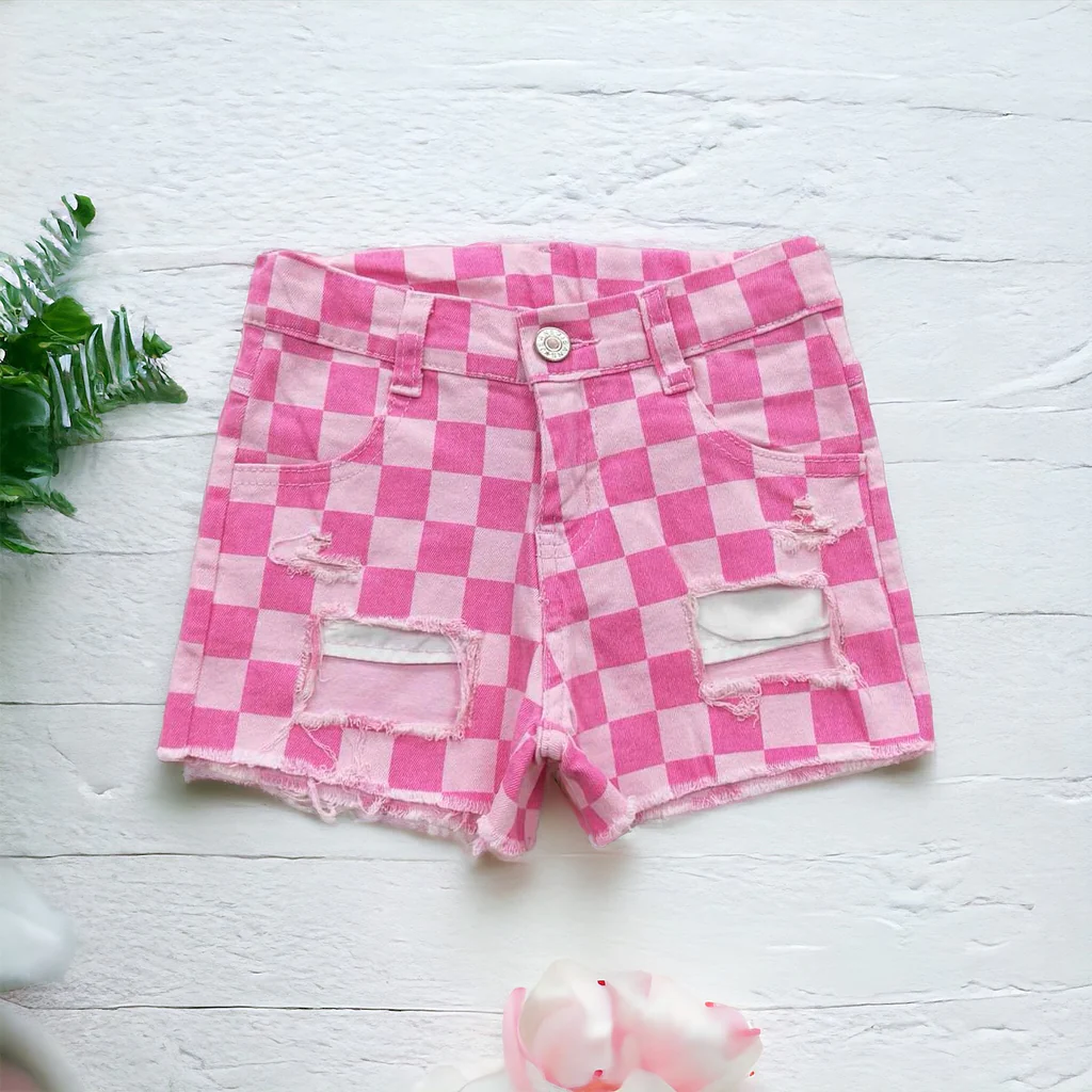 western kids pink checked denim shorts with hole