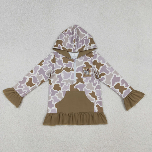 hunting dog embroidery ruffle camo hoodie fall girls top