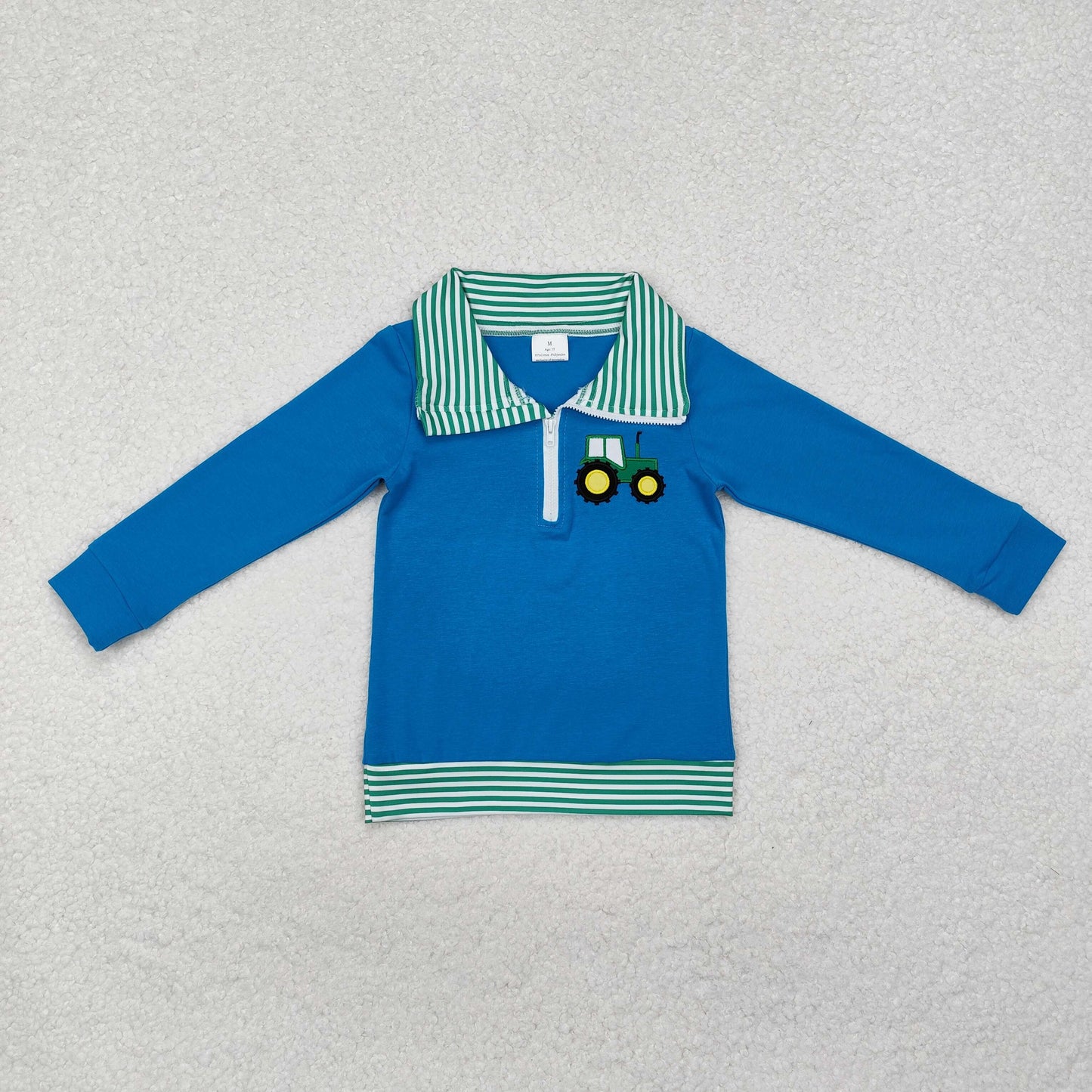 boy blue long sleeve tractor embroidery zip pullover