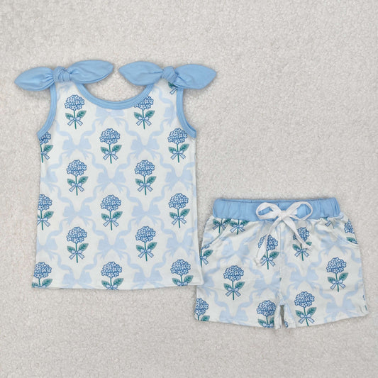 blue bow hydrangea print tank shorts set