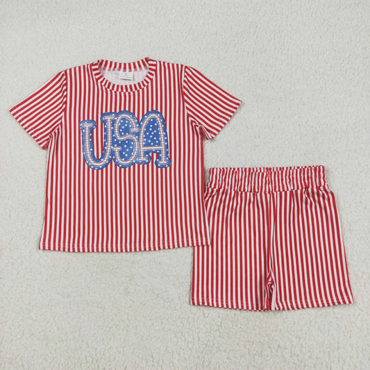 USA red stripes shorts set 4th of july girls clothing