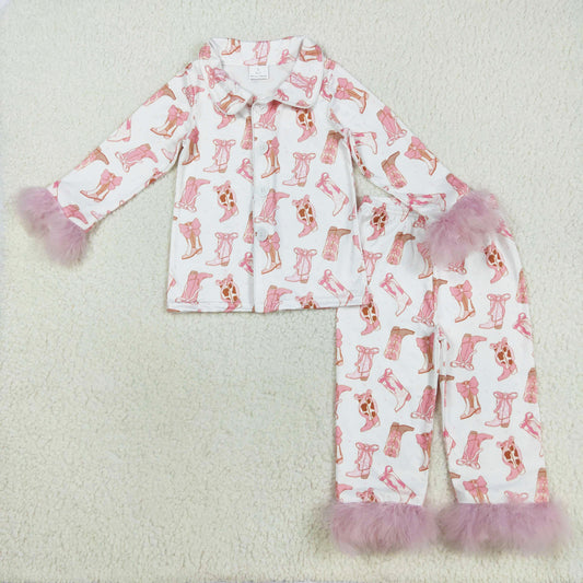 cowgirl boots print fur button down pajama set